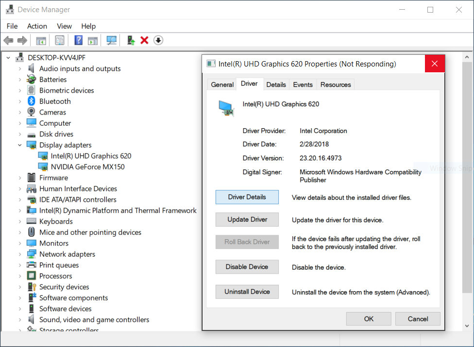 Screenshot of the driver properties for the Intel graphics card on Windows.
