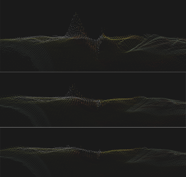 Same three point clouds, but focused on the distortion effect as seen from the side.