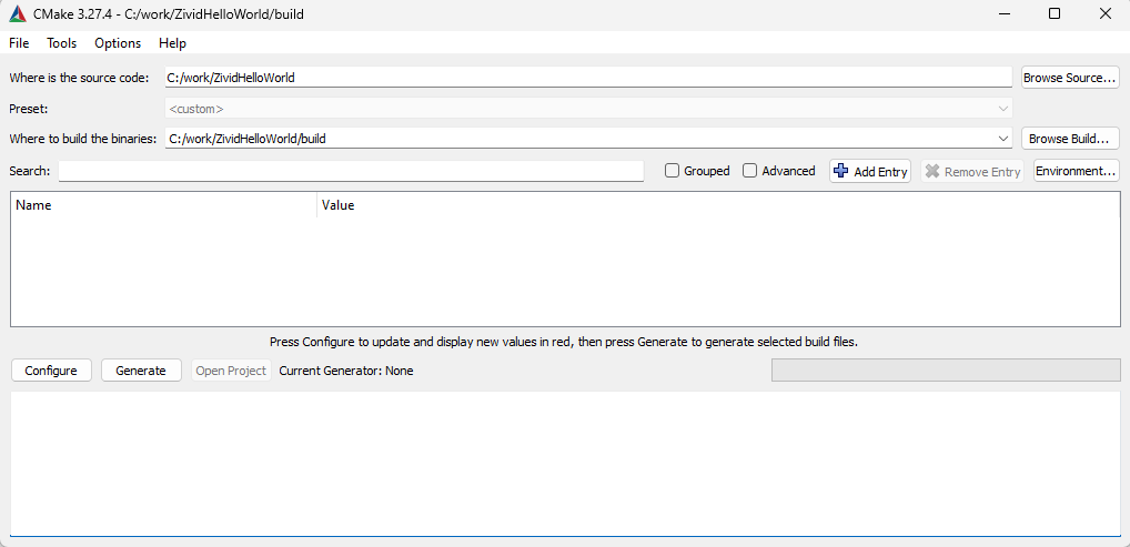 Screenshot of CMake GUI with configuration for Zivid sample.