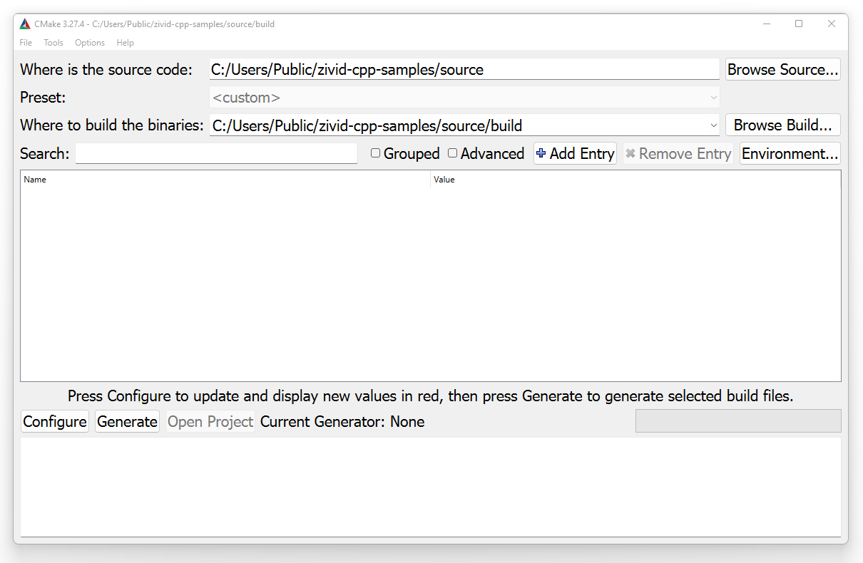 Screenshot of CMake GUI with configuration for Zivid C++ samples.