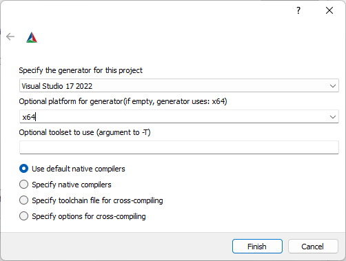 Screenshot of CMake GUI where you specify generator.