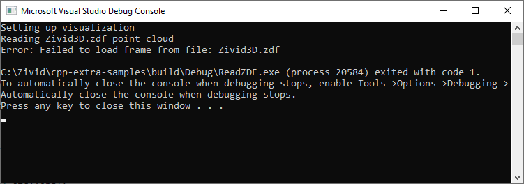 Failed to open file while debugging Zivid sample