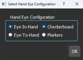 Hand-Eye GUI - hand eye settings window