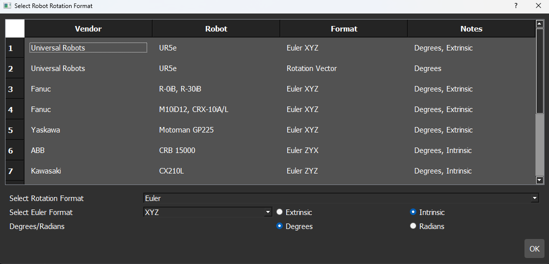 Hand-Eye GUI robot choice window