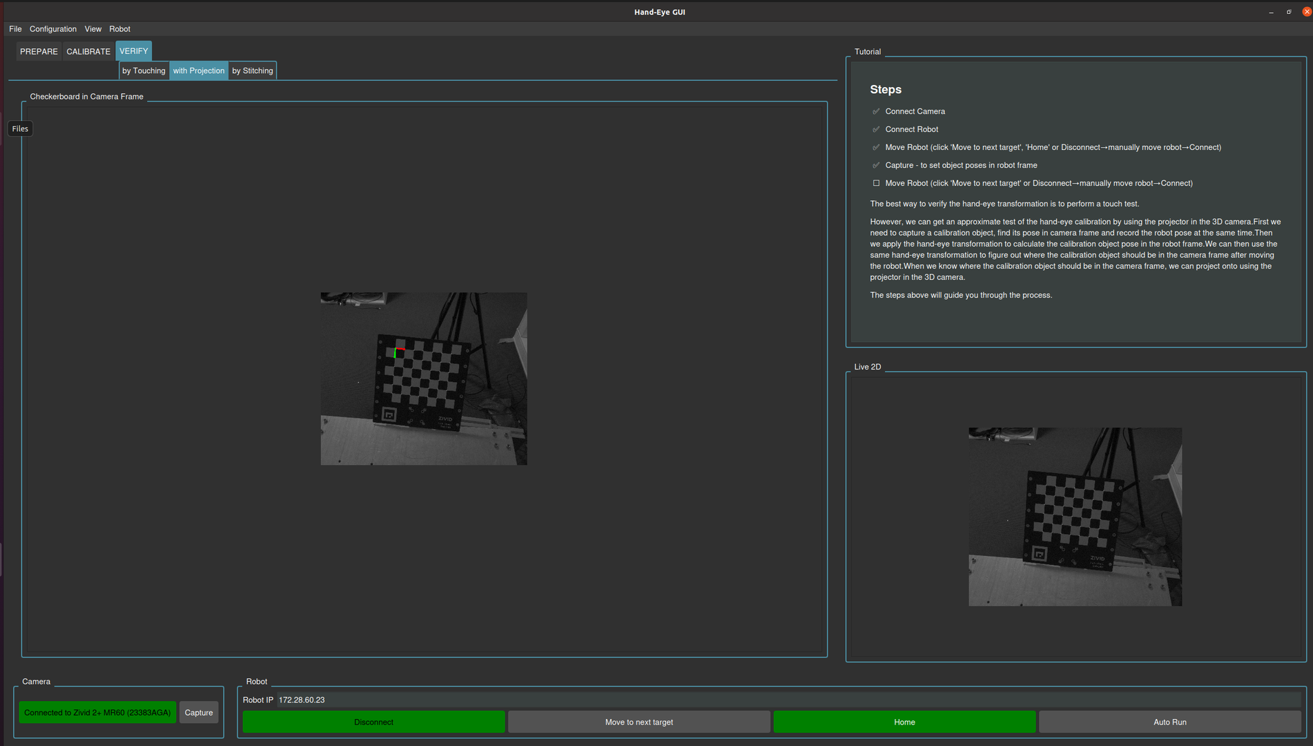 Hand-Eye GUI verification by projection