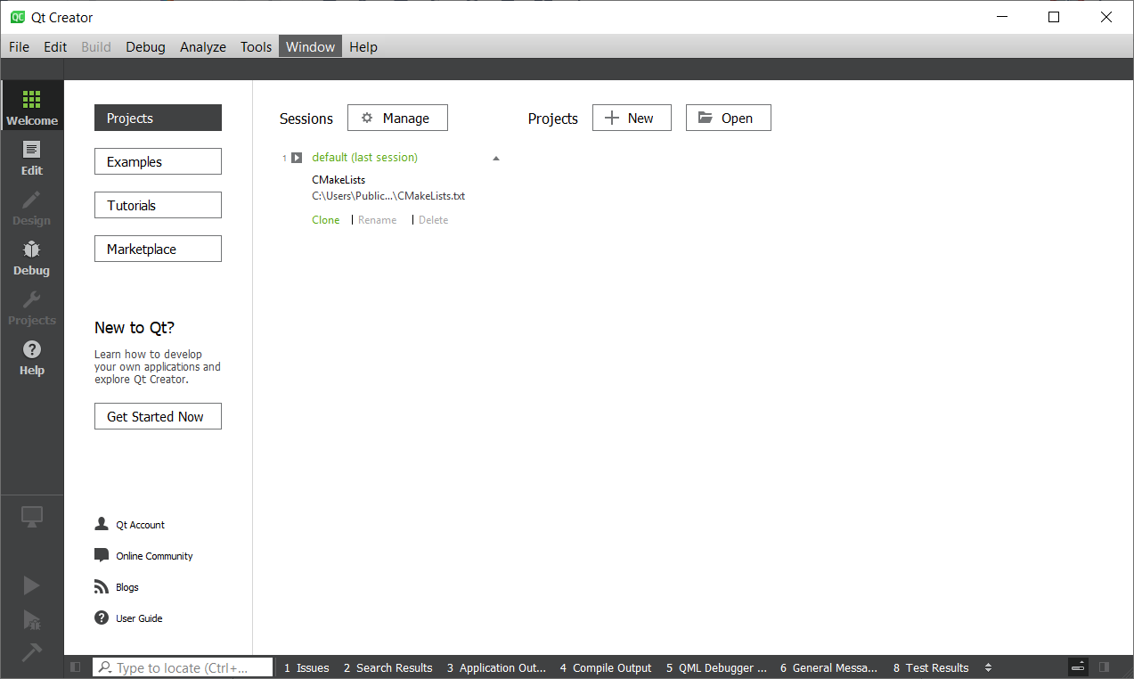 Screenshot of Qt Creator startup screen.