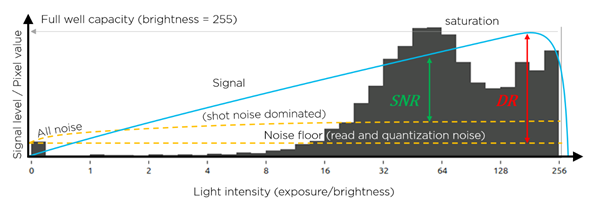 Signal and noise over light intensity with histogram