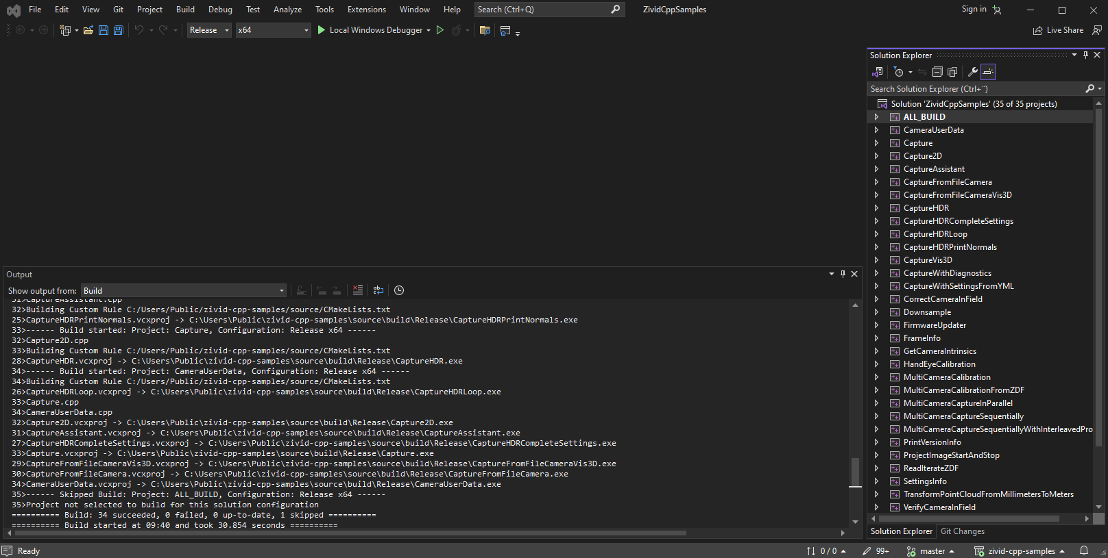 Screenshot of Visual Studio build events for C++ samples.