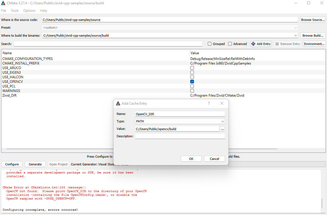 Screenshot of CMake GUI where you can enter OpenCV include directory.