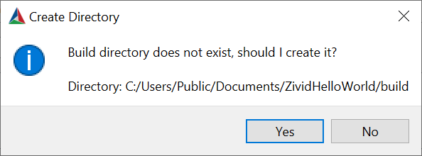 Screenshot of CMake GUI with a note about creation of build directory.