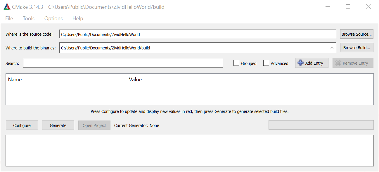 Screenshot of CMake GUI with configuration for Zivid sample.