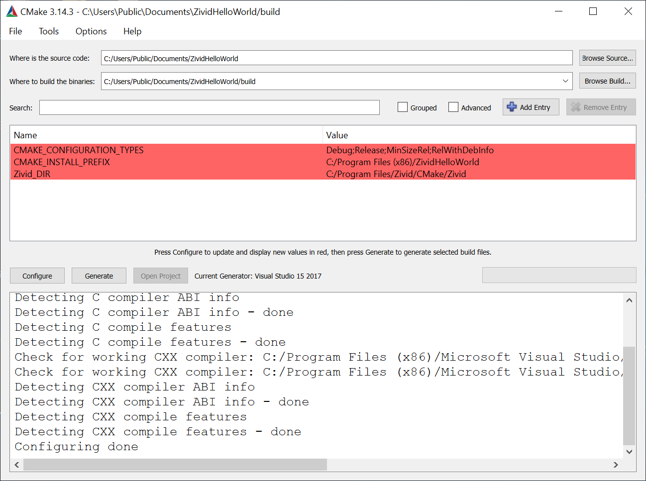 Screenshot of CMake GUI configuration.
