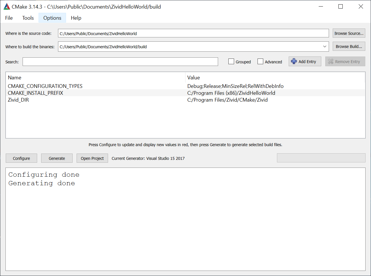 Screenshot of CMake GUI generation.