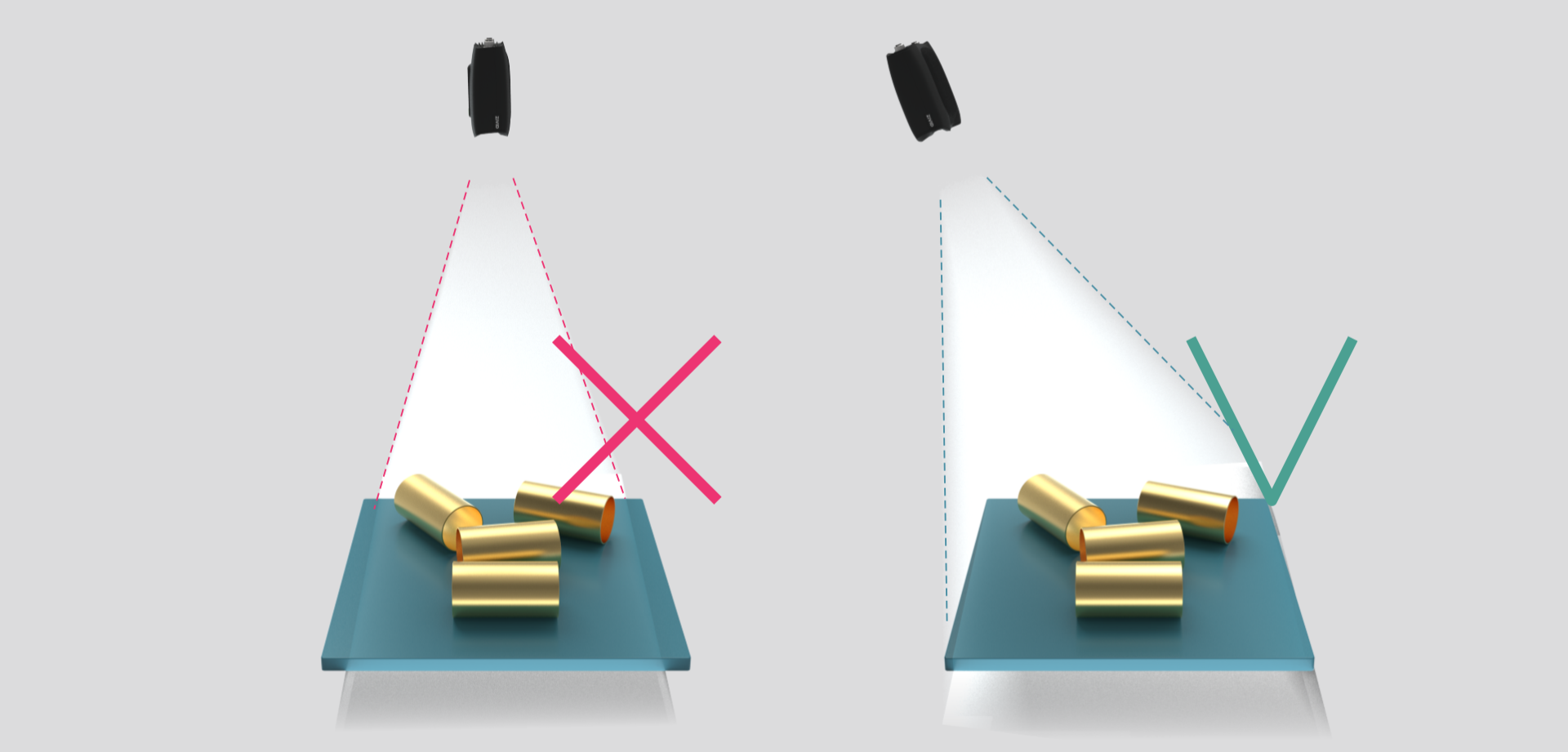 A sketch that shows how Zivid 2+ should be positioned over a scene at an angle, and not pointing directly down.