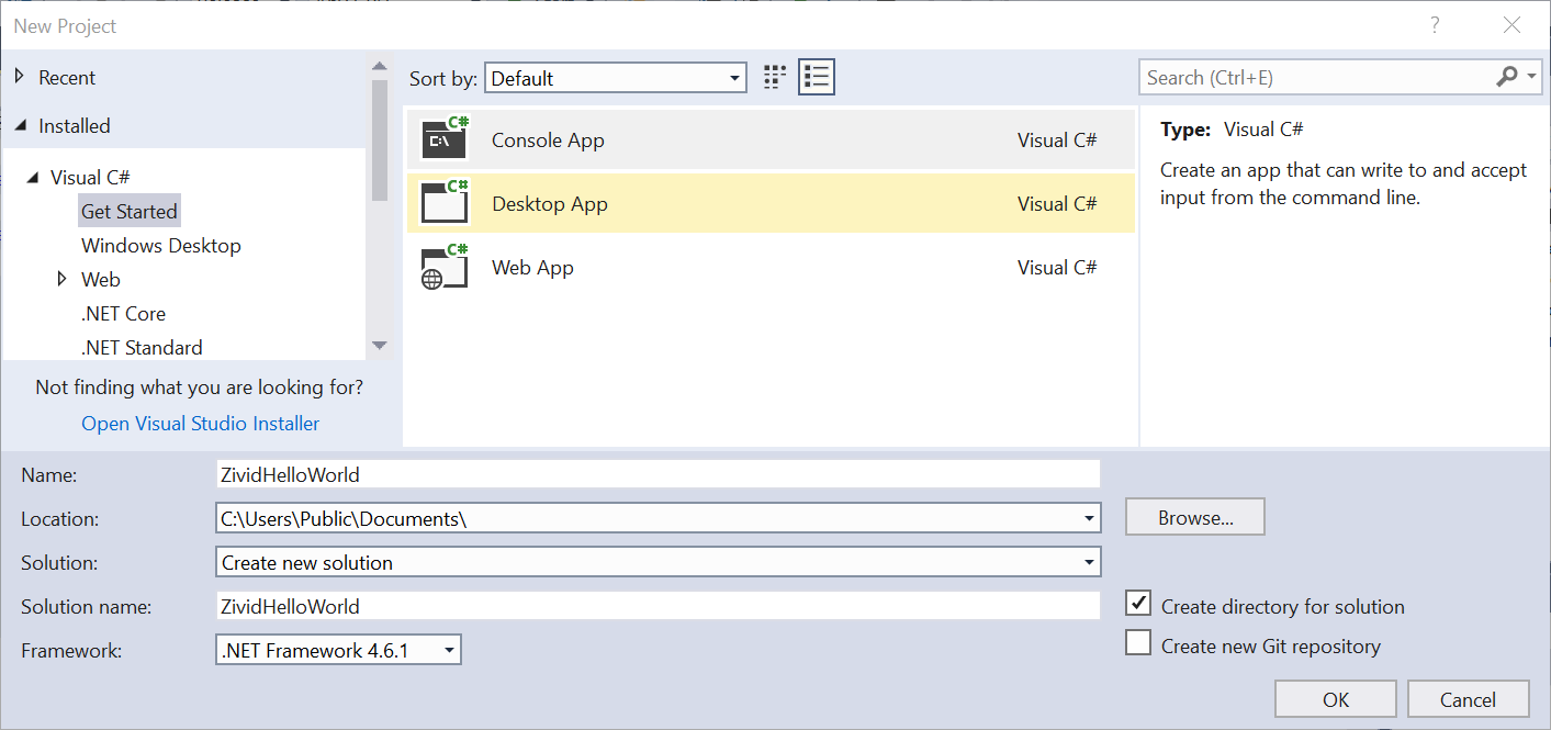 New C# project in Visual Studio