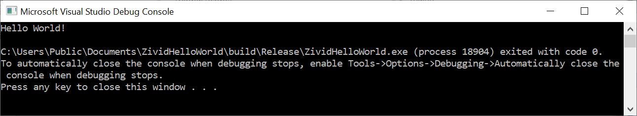 Screenshot of console output from program run from Visual Studio.
