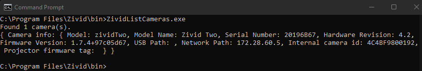 Camera discovery using ZividListCameras