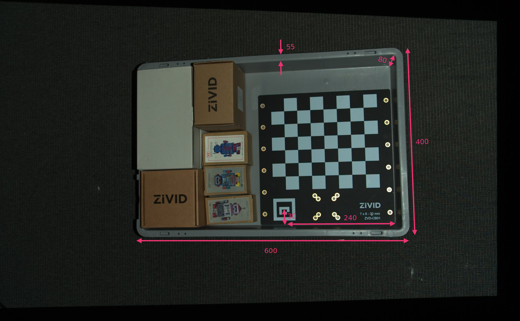 ROI box size and bottom-right corner relative to the checkerboard frame.