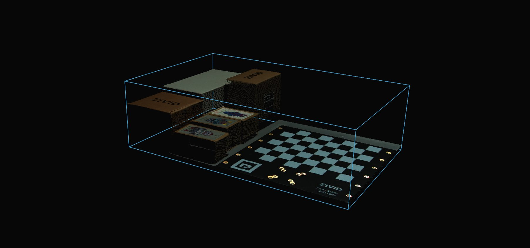 ROI filtered and transformed point cloud of a bin with checkerboard