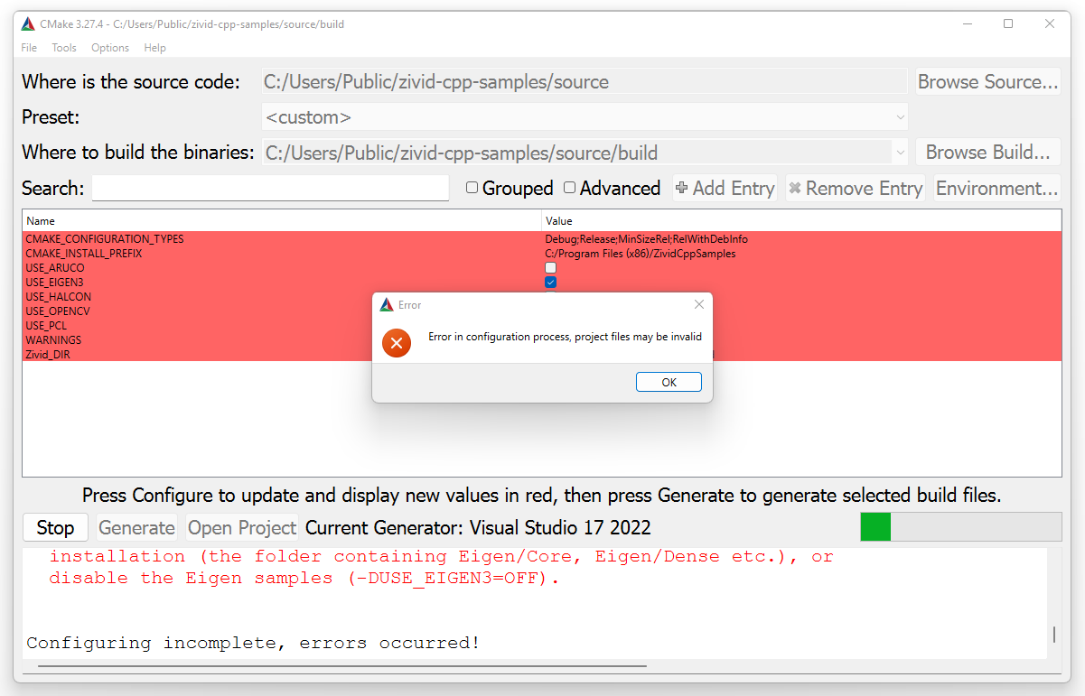 Screenshot of CMake GUI with dependency errors.