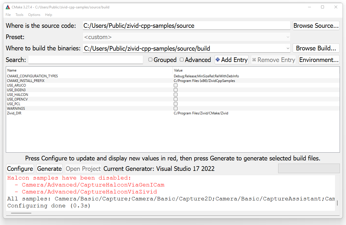 Screenshot of CMake GUI where you can configure dependencies.