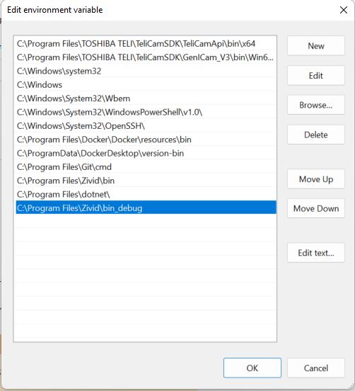 Screenshot which shows how to add the :code:`C:\Program Files\Zivid\bin_debug` path to the PATH variable.