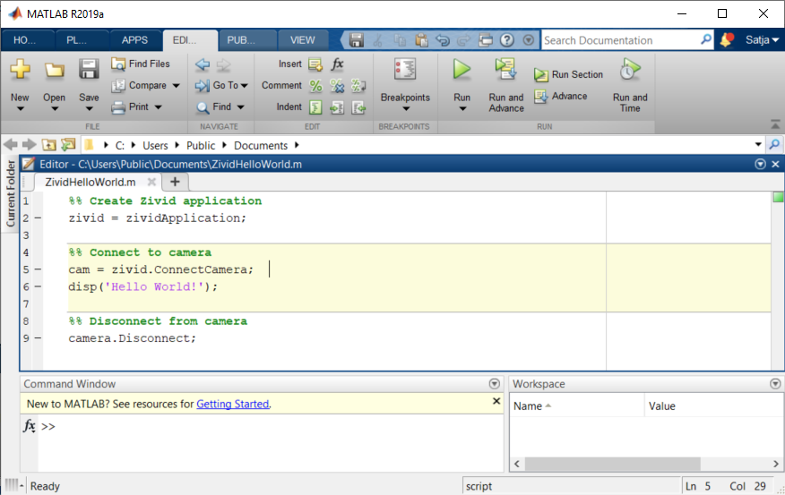 MATLAB Hello World script