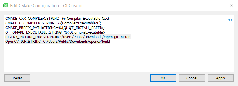 Screenshot of Qt Creator set Eigen and OpenCV paths.