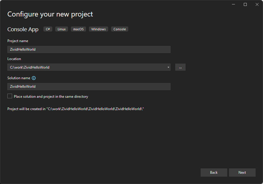 New C# project in Visual Studio