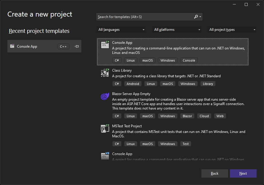 New C# project in Visual Studio