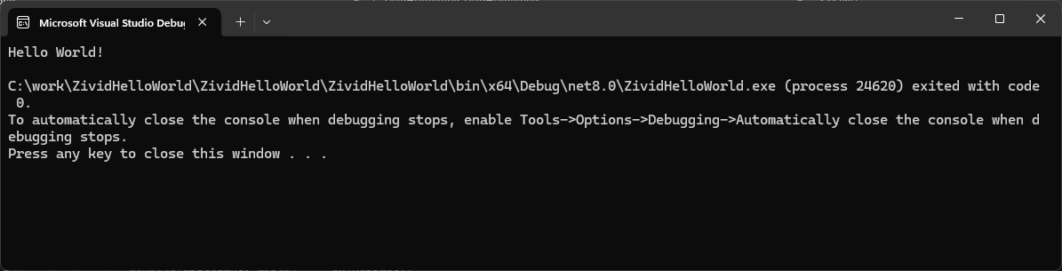 Screenshot of console output from program run from Visual Studio.