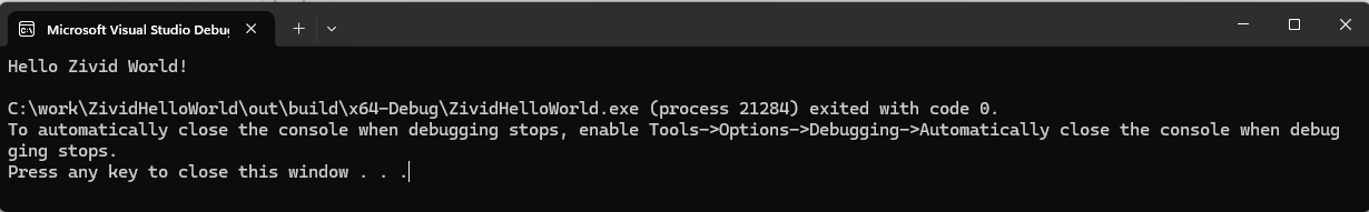 Screenshot of console output from program run from Visual Studio.