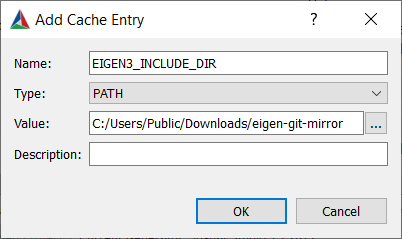Screenshot of CMake GUI where you can enter Eigen 3 include directory.