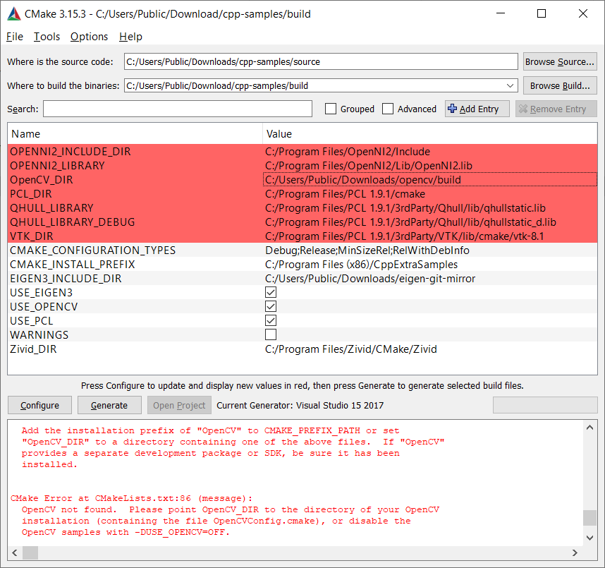 Screenshot of CMake GUI after OpenCV_DIR is added.