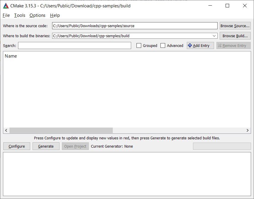 Screenshot of CMake GUI with configuration for Zivid C++ samples.