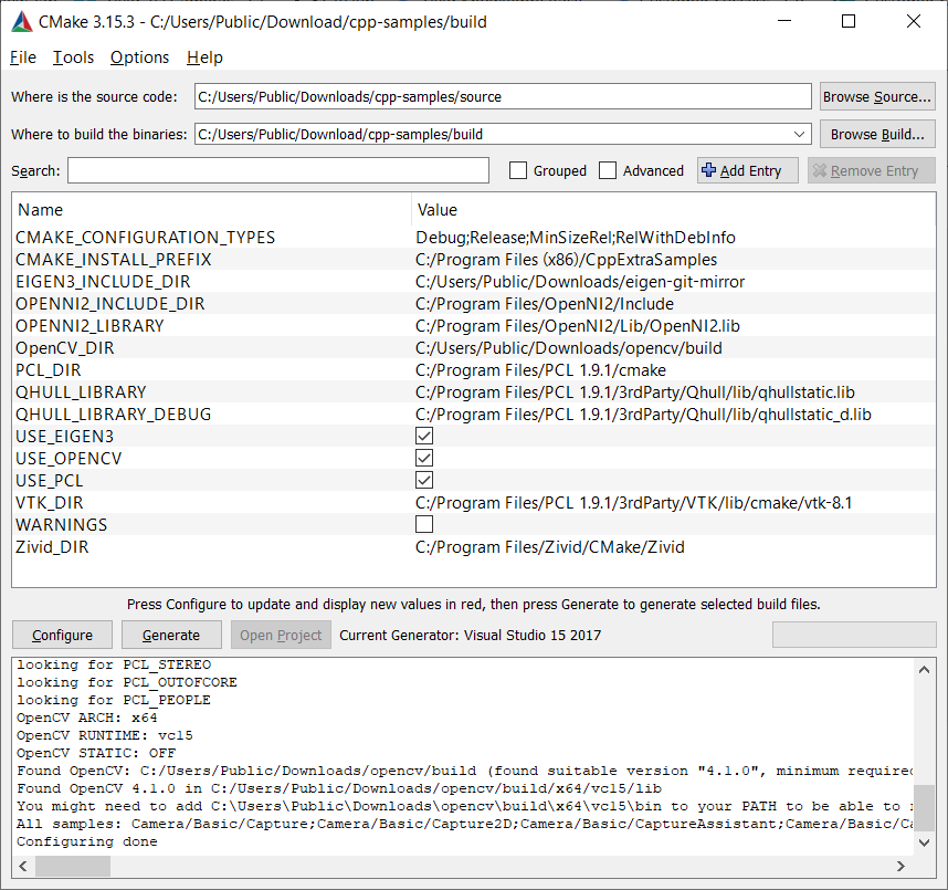 Screenshot of CMake GUI after configuration has completed successfully.