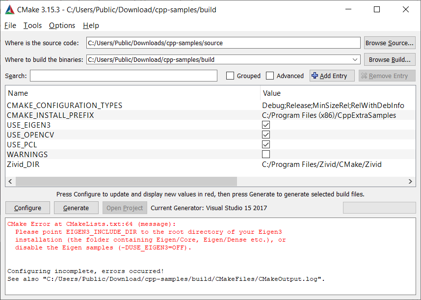 Screenshot of CMake GUI where you can configure dependencies.