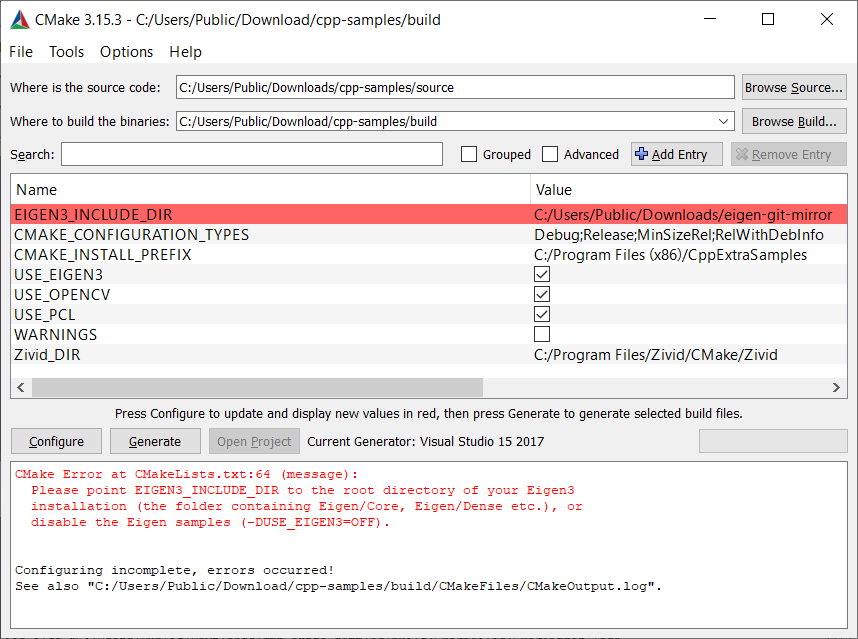 Screenshot of CMake GUI after EIGEN3_INCLUDE_DIR is added.