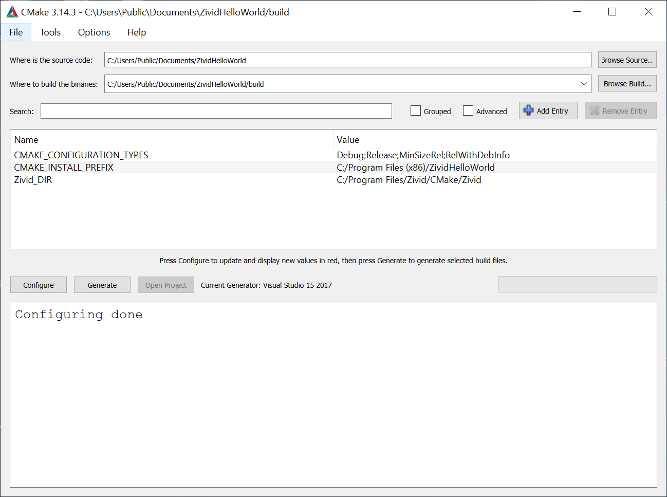 Screenshot of CMake GUI configuration done.