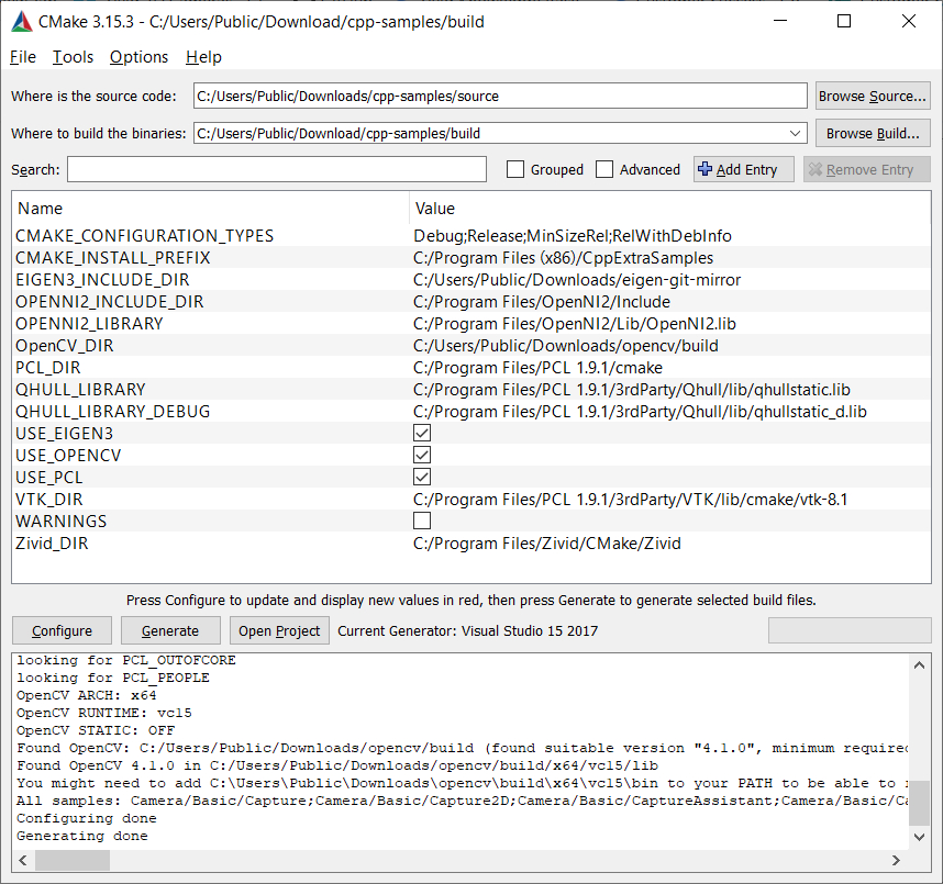 Screenshot of CMake GUI generation.