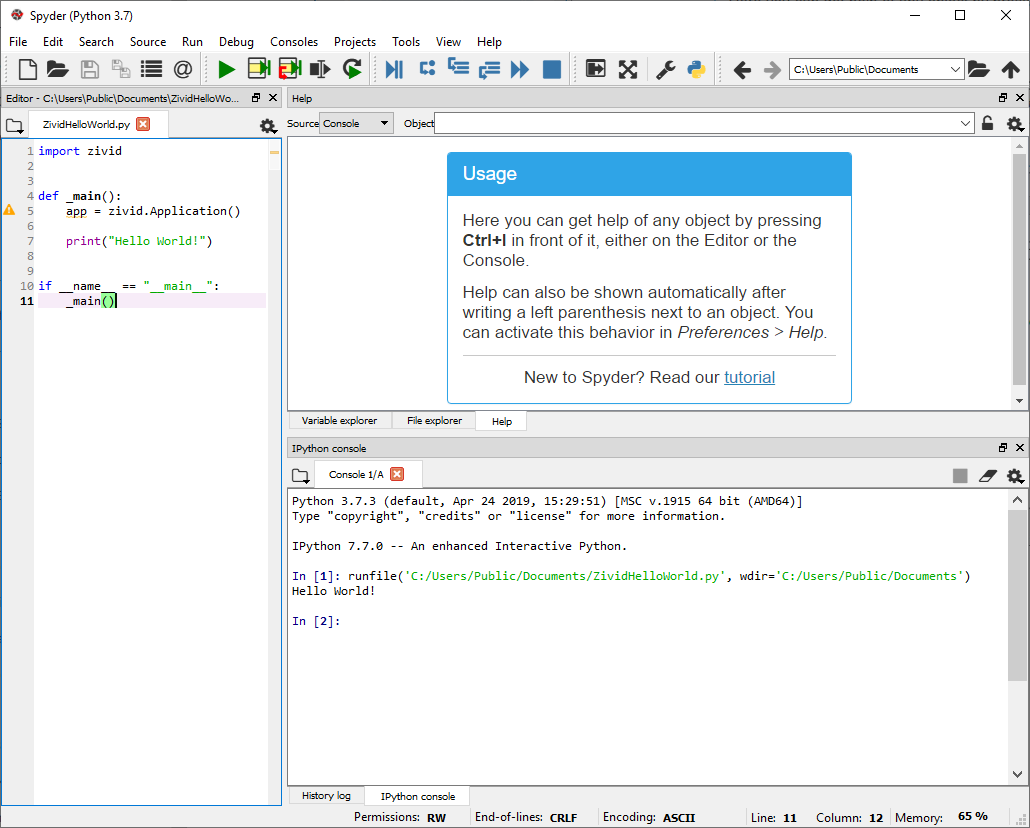Python Hello World script in Spyder IDE