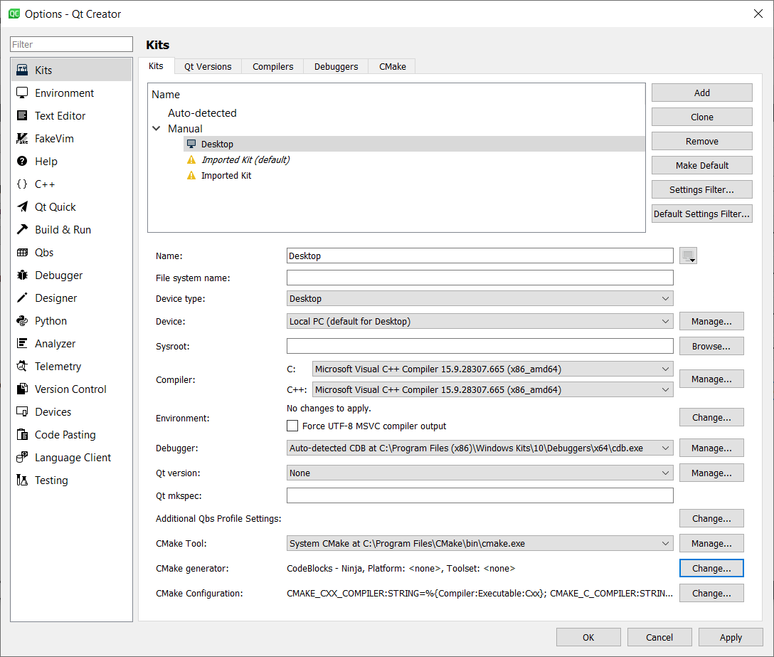 Screenshot of Qt Creator Kit configuration.