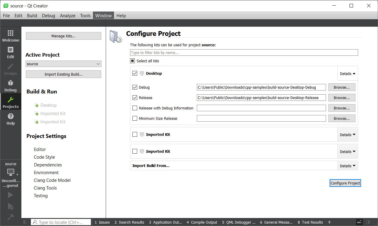 Screenshot of Qt Creator project configuration.