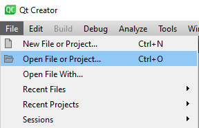 Screenshot of Qt Creator open file menu.