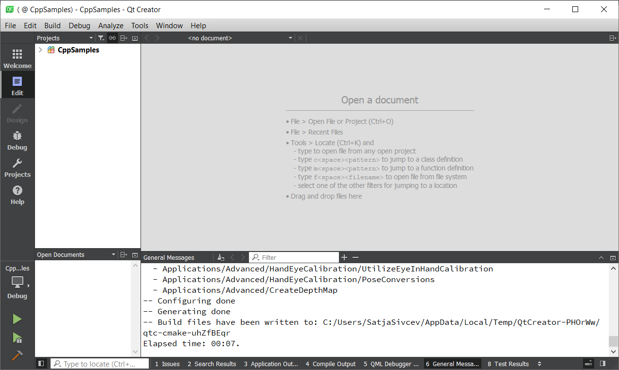 Screenshot of Qt Creator project configuration completed.