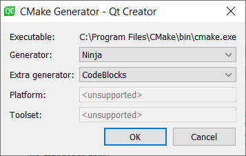 Screenshot of Qt Creator set CMake Generator.