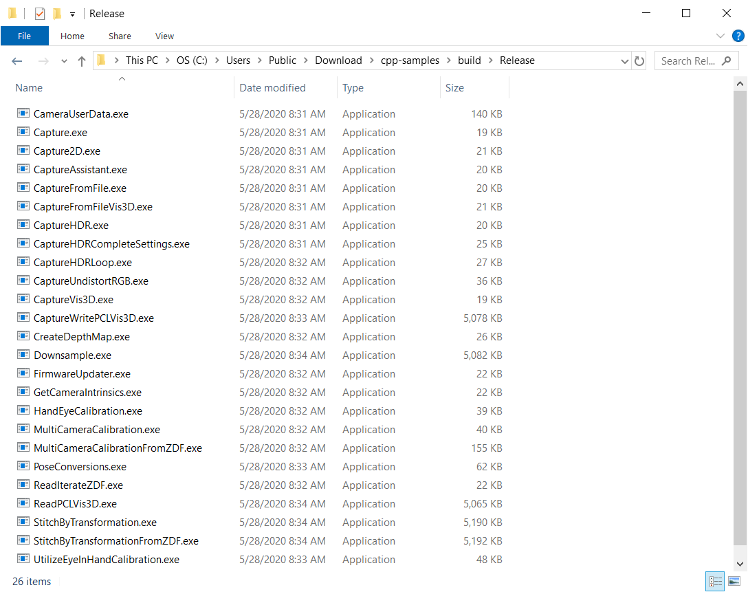 Screenshot of release folder for C++ samples.