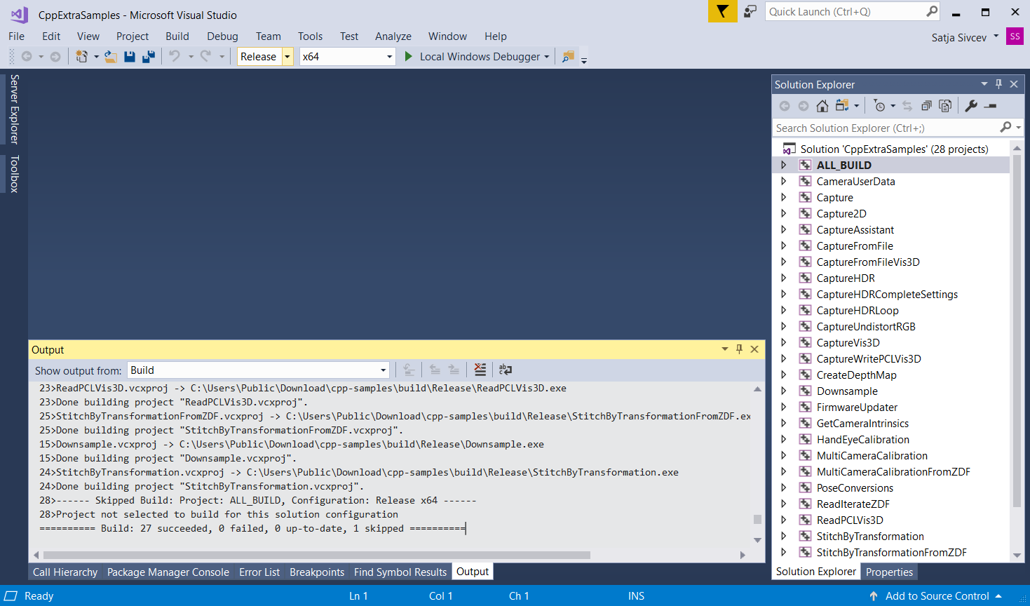 Screenshot of Visual Studio build events for C++ samples.
