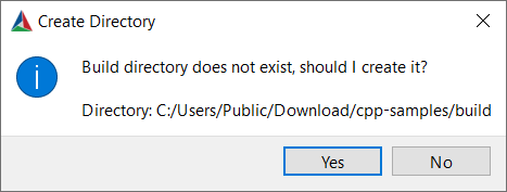 Screenshot of CMake GUI with a note about creation of build directory.
