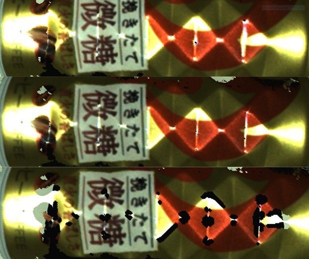 Three meshed point clouds of a soda can with contrast distortion effects. Top with no filter, middle with filter correction and bottom with removal.